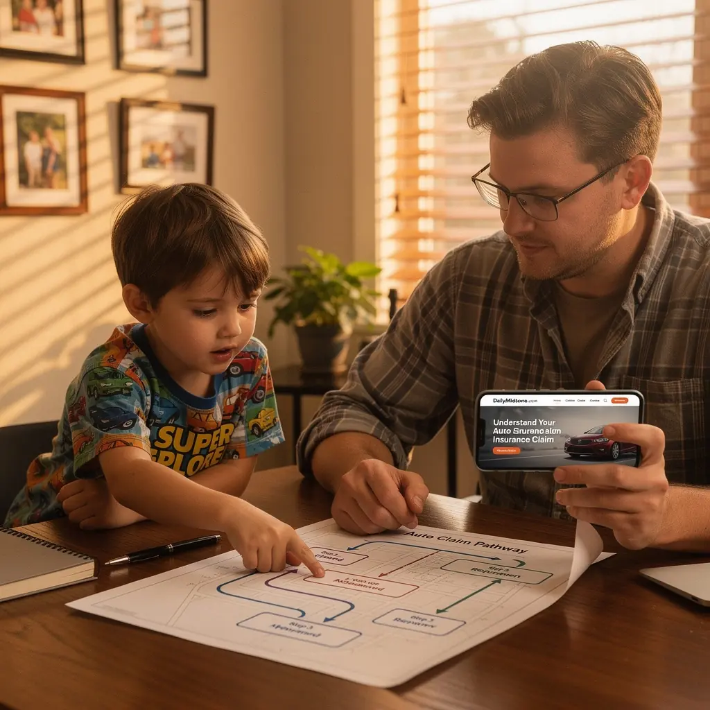 Ilustracja zielonego biurka nawigacyjnego do ubezpieczeń samochodowych z ikonami pojazdów.